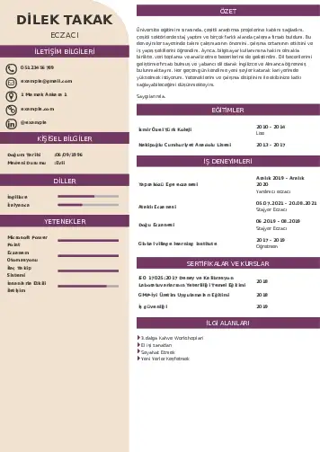 Eczacı CV Örnekleri cv indir